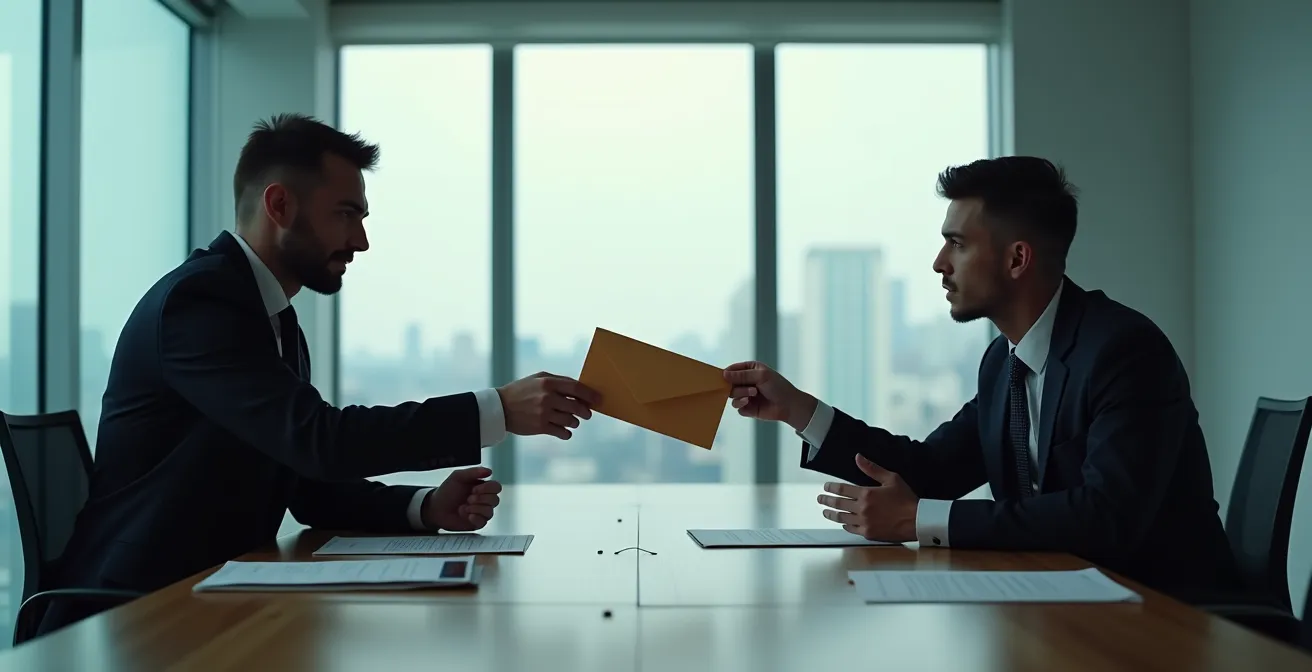 Deux partenaires d'affaires en négociation intense dans une salle de conférence symbolisant une discussion de clause shotgun