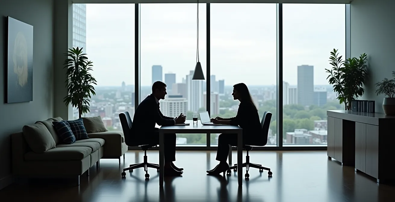 Consultation entre avocat et client dans un bureau juridique montréalais