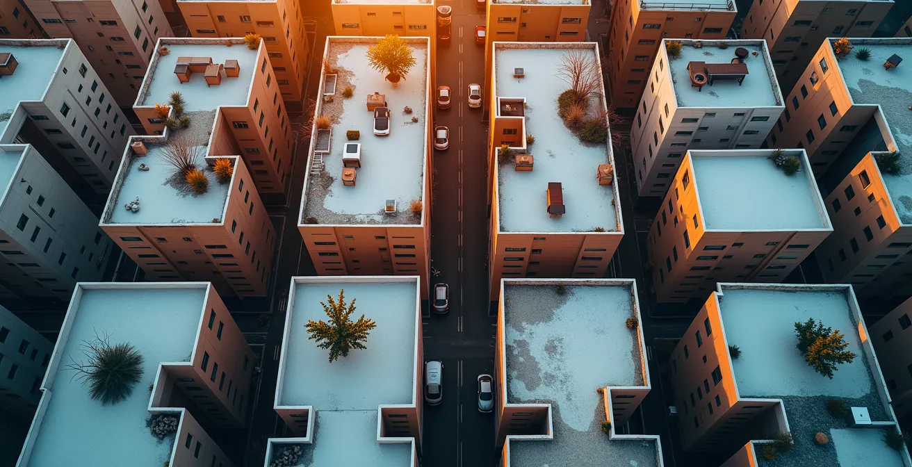 Vue aérienne d'immeubles en copropriété à Montréal montrant la proximité et les limites de propriété