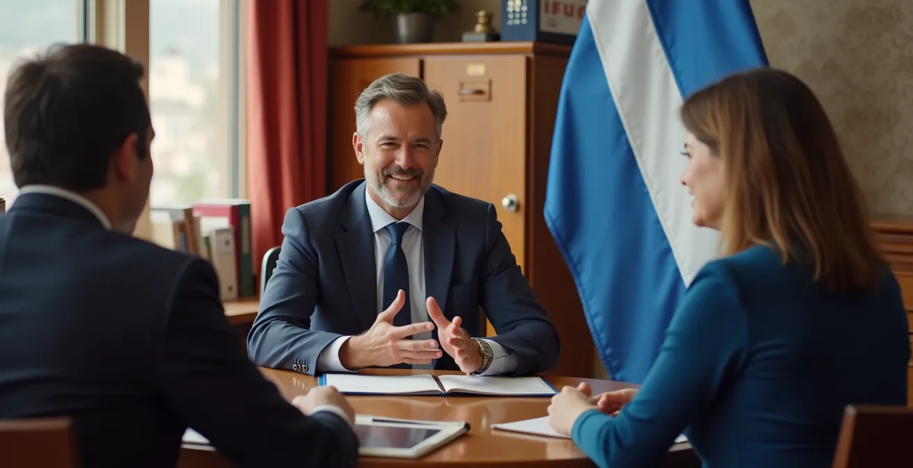 Un député québécois en consultation avec des citoyens dans son bureau de circonscription, ambiance chaleureuse et professionnelle