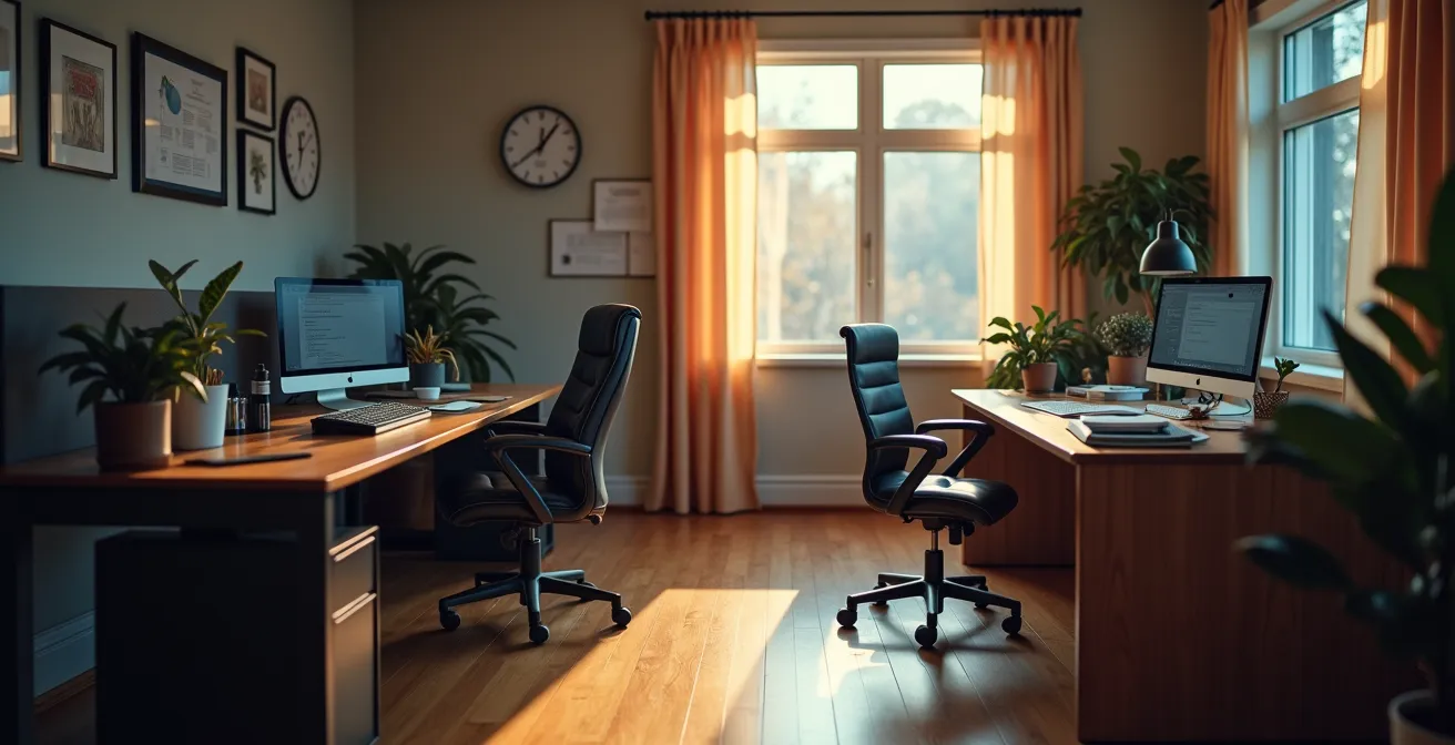 Comparaison visuelle entre un espace de travail salarié structuré et un environnement de travailleur autonome flexible