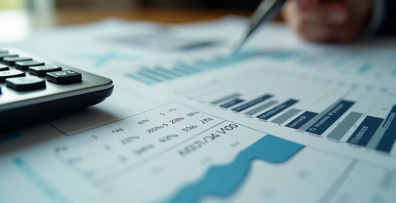 Gros plan sur documents financiers et calculatrice avec profondeur de champ réduite