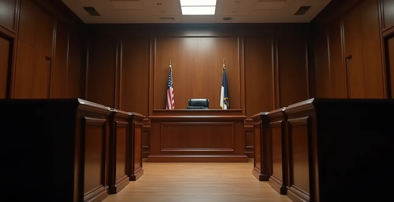Salle d'audience moderne avec banc du juge et box des témoins en bois naturel