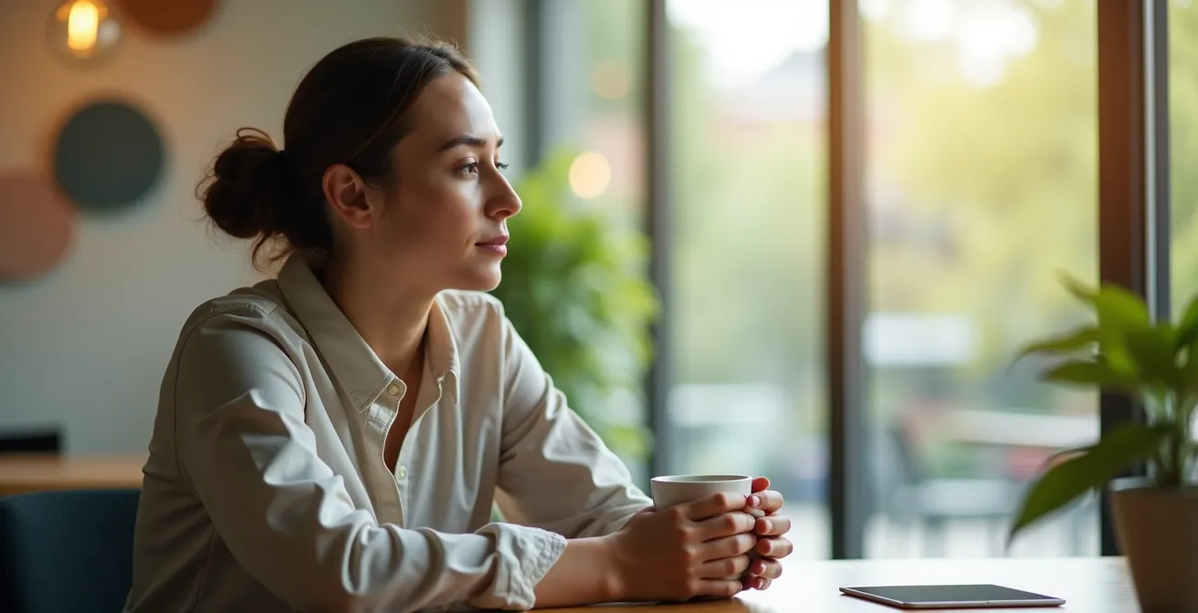 Espace de pause épuré dans un bureau avec vue sur la nature, symbolisant le droit au repos