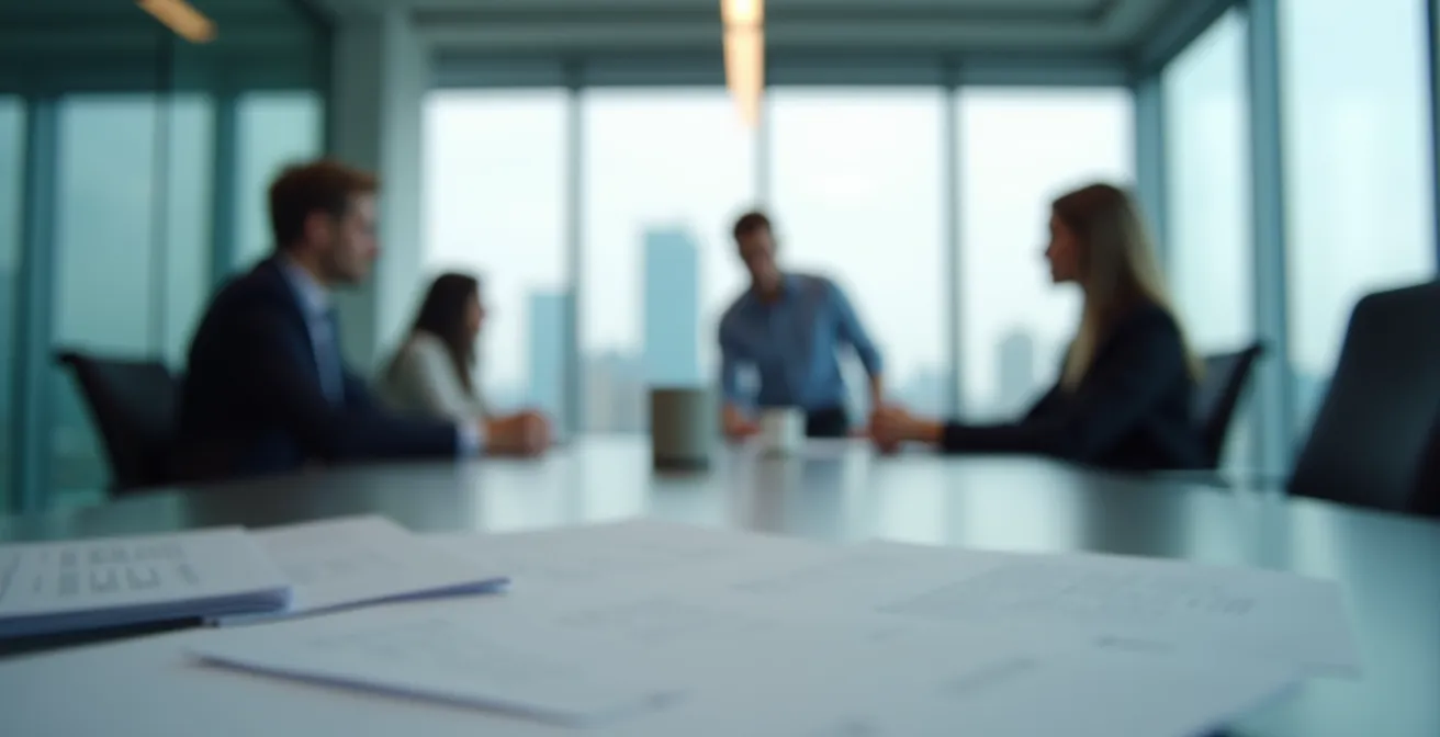 Salle de conférence avec professionnels en discussion stratégique, documents flous au premier plan