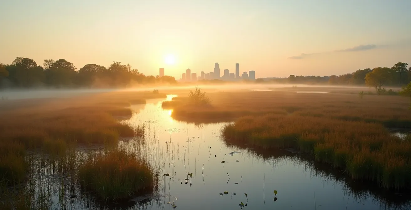 Vue aérienne d'un milieu humide préservé près de Montréal avec développement urbain en arrière-plan