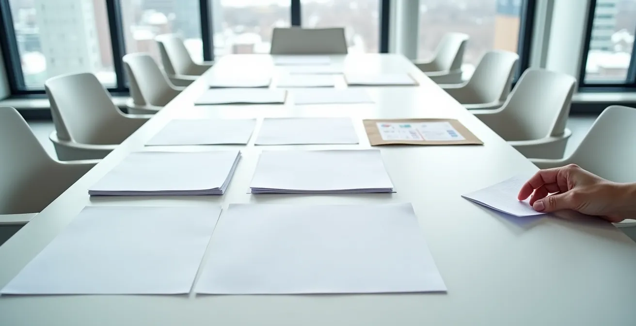 Vue minimaliste d'un bureau avec des documents contractuels disposés avec beaucoup d'espace blanc