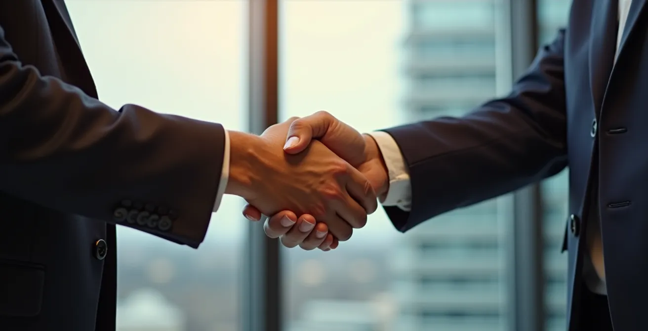 Poignée de main professionnelle symbolisant la bonne foi contractuelle dans un bureau montréalais