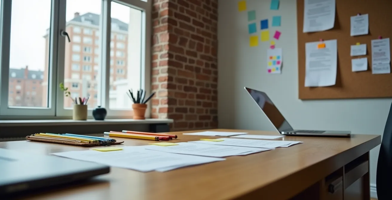 Bureau organisé avec documents juridiques classés et ordinateur portable montrant un calendrier