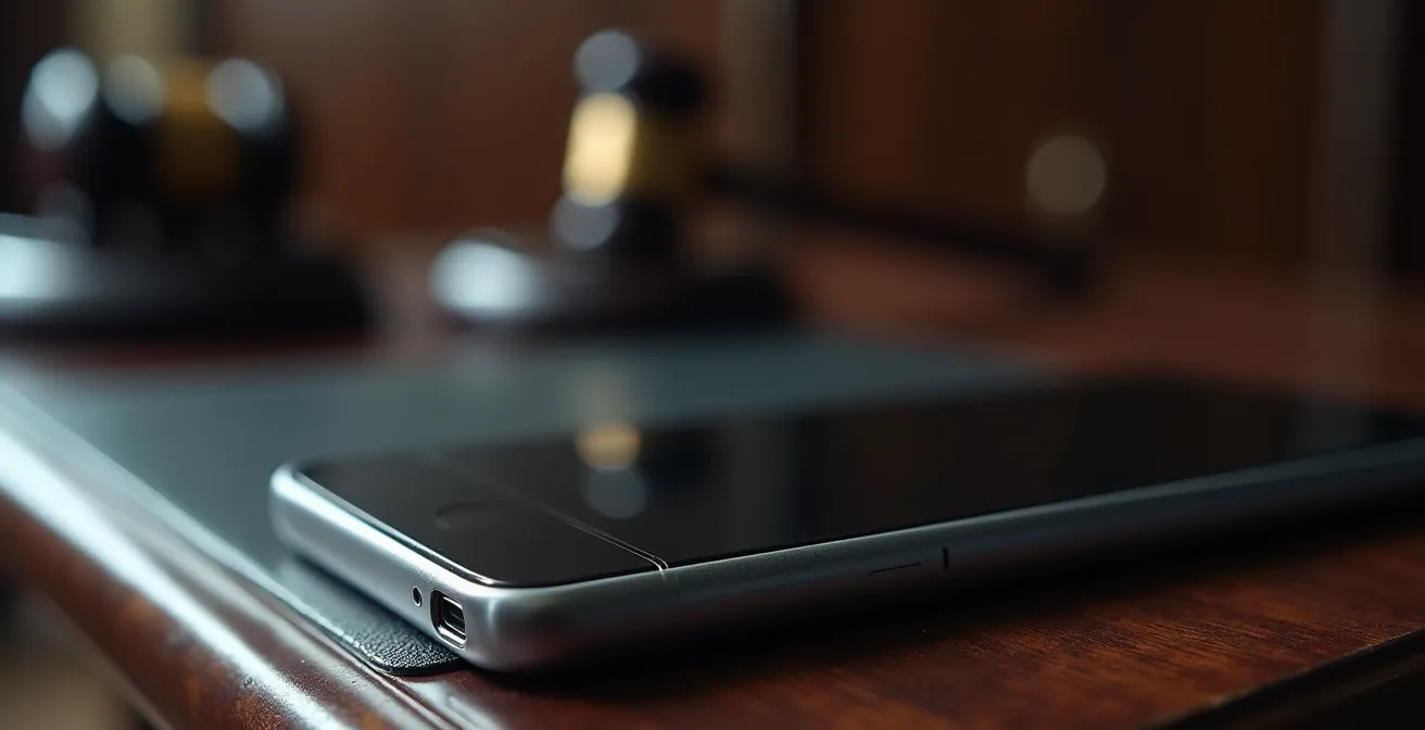 Smartphone posé sur une table avec reflets abstraits suggérant des messages