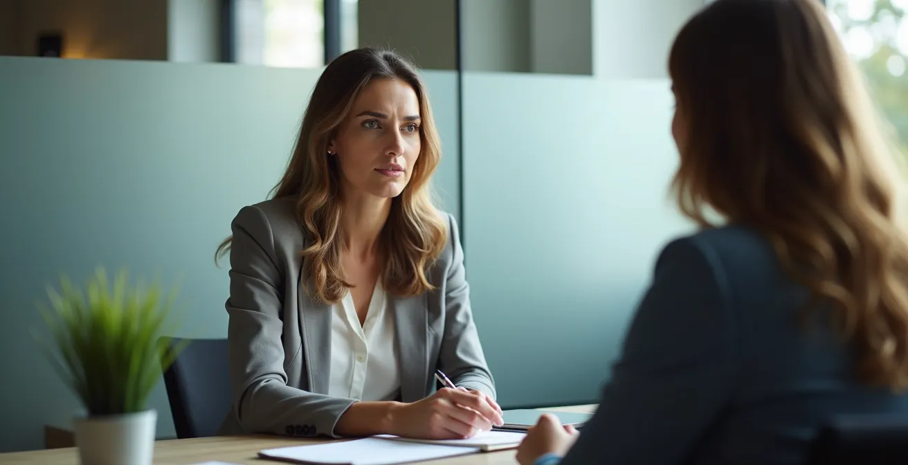 Gestionnaire en entretien confidentiel avec un employé dans un bureau privé, illustrant le processus d'enquête sur le harcèlement.