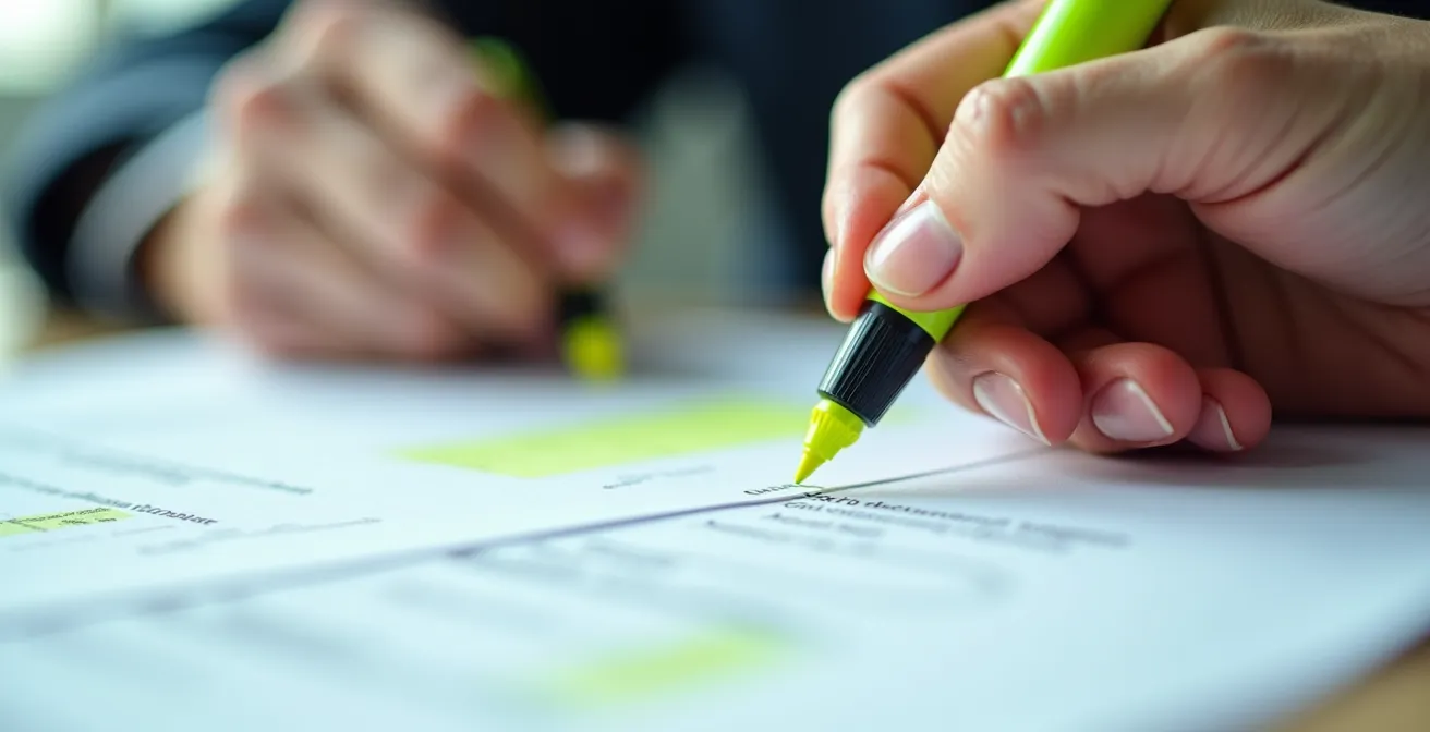 Gros plan sur des mains annotant un document contractuel avec un surligneur jaune et vert sur bureau en bois
