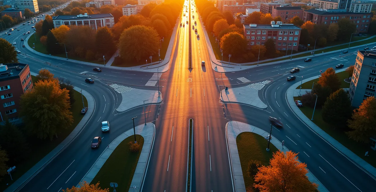 Vue symbolique de trois chemins divergents représentés par des routes dans un paysage urbain montréalais
