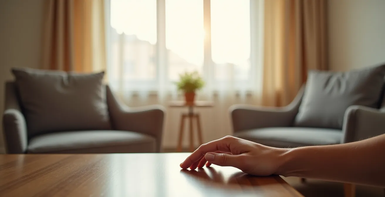 Espace d'accueil chaleureux avec fauteuils confortables et lumière douce