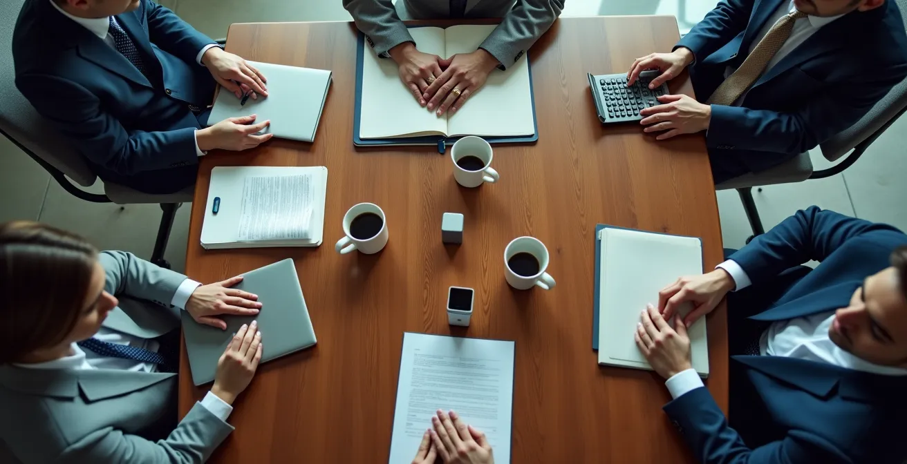 Table de négociation avec documents et café lors d'une séance de négociation collective