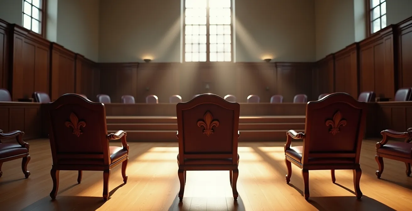 Représentation abstraite des trois sièges québécois à la Cour suprême symbolisant le bijuridisme canadien